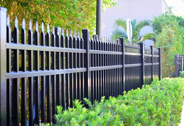 Metal fence with pointed tips in the posts in front of bushes