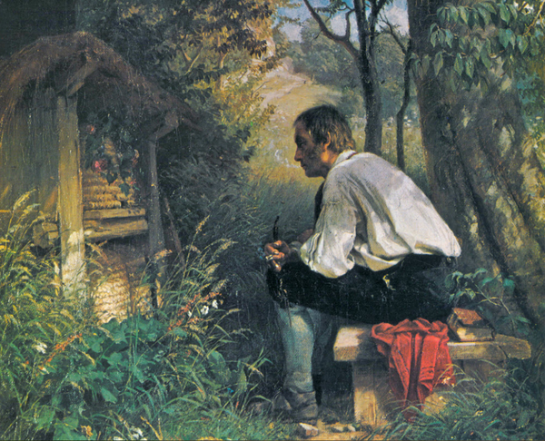 Cuadro titulado Der Bienenfreund, 1863. Pintura de Hans Thoma que retrata el acto de contarle a las abejas. En la imagen, vemos en primer plano un hombre de camisa blanca y pantalones negros, sendado delante de un antiguo colmenar