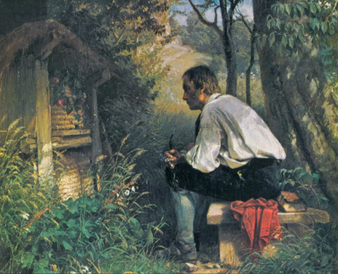 Cuadro titulado Der Bienenfreund, 1863. Pintura de Hans Thoma que retrata el acto de contarle a las abejas. En la imagen, vemos en primer plano un hombre de camisa blanca y pantalones negros, sendado delante de un antiguo colmenar