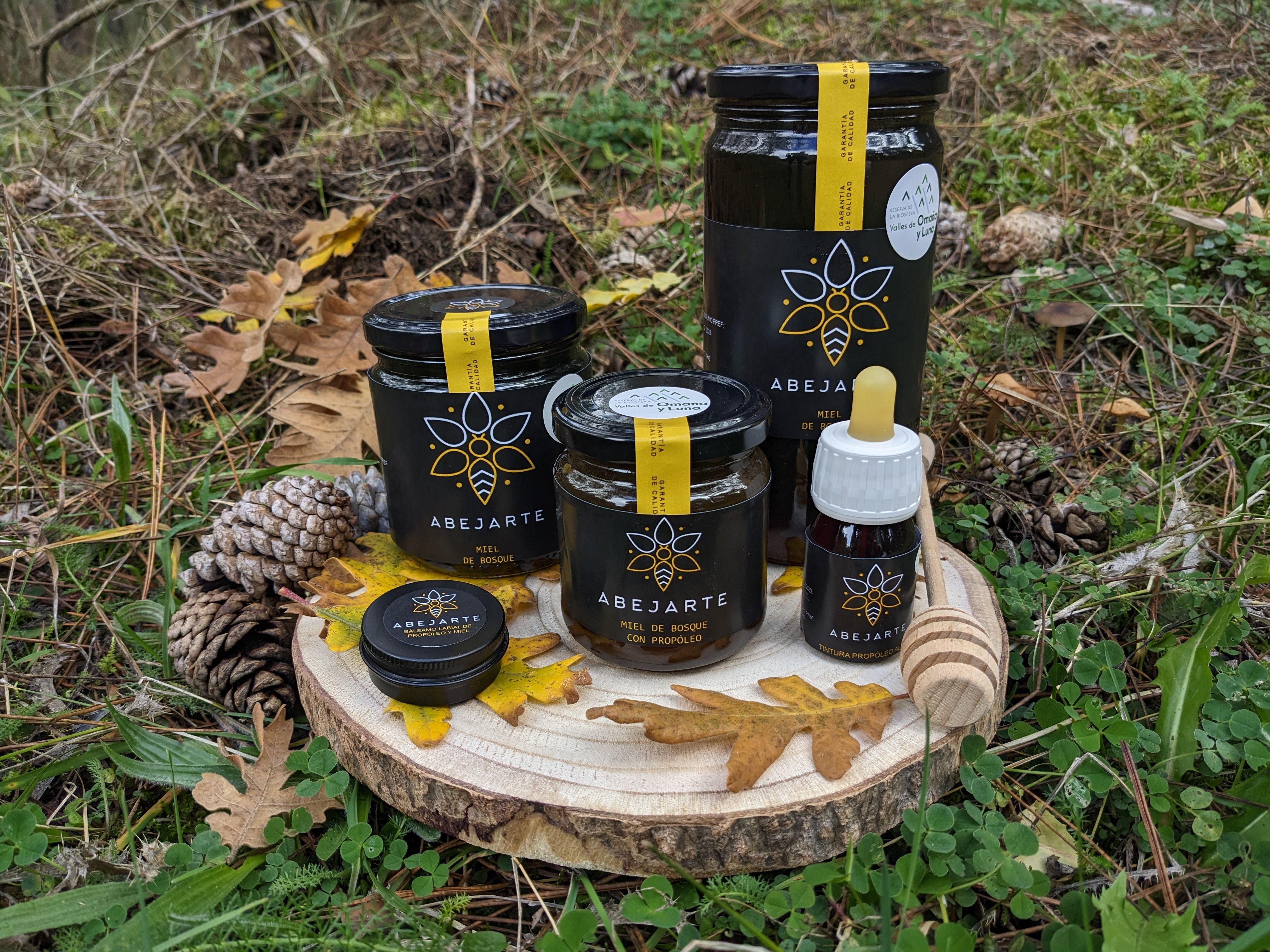 En la foto vemos varios productos de Abejarte sobre un tronco de madera. El fondo es otoñal, con hojas secas, piñas y setas.