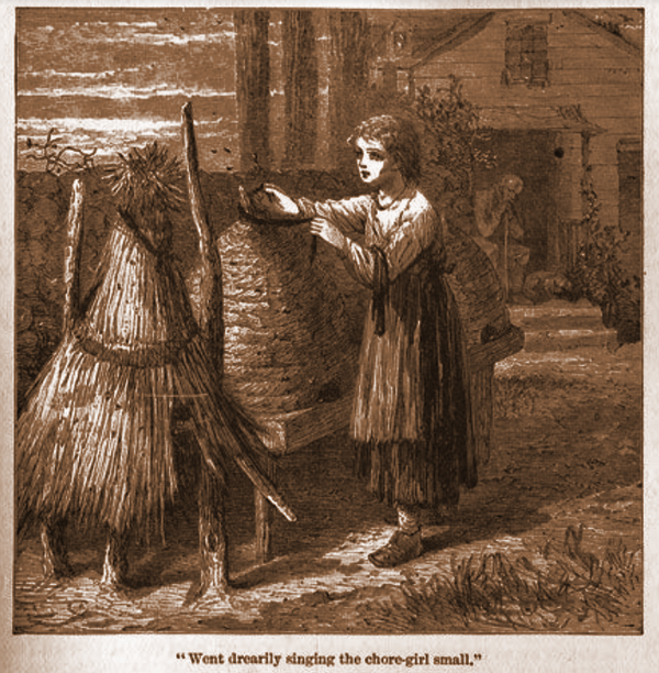Grabado de Samuel Adams Drake, de 1901. Vemos a un joven atando un trozo de tela negra en una de las colmenas tradicionales de paja que tiene enfrente.