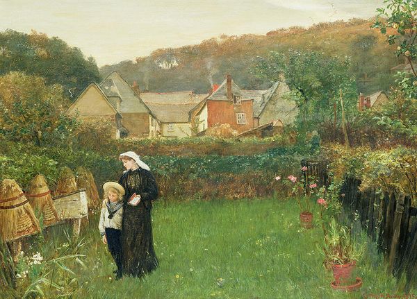 Cuadro titulado Een weduwe en haar zoon vertellen de bijen over een sterfgeval in de familie, 1897. Del pintor Charles Napier Hemy. Vemos a una madre y su hijo paseando junto a los colmenares de la familia contándoles una tragedia. El niño lleva un trajecito de marinero y la mujer va vestida de negro con un pañuelo blanco en la cabeza.