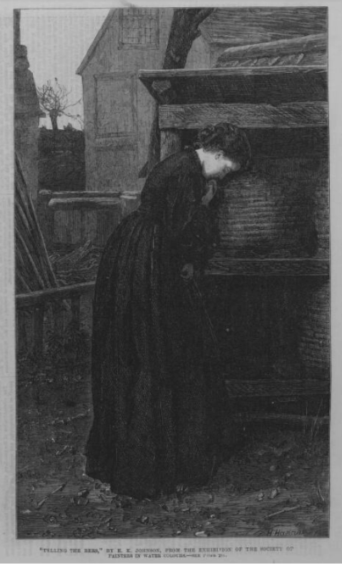 Grabado victoriano titulado Telling the Bees, de 1867, por Edward Killingworth Johnson. Encontramos una mujer de luto llorando frente a una colmena tradicional de paja.