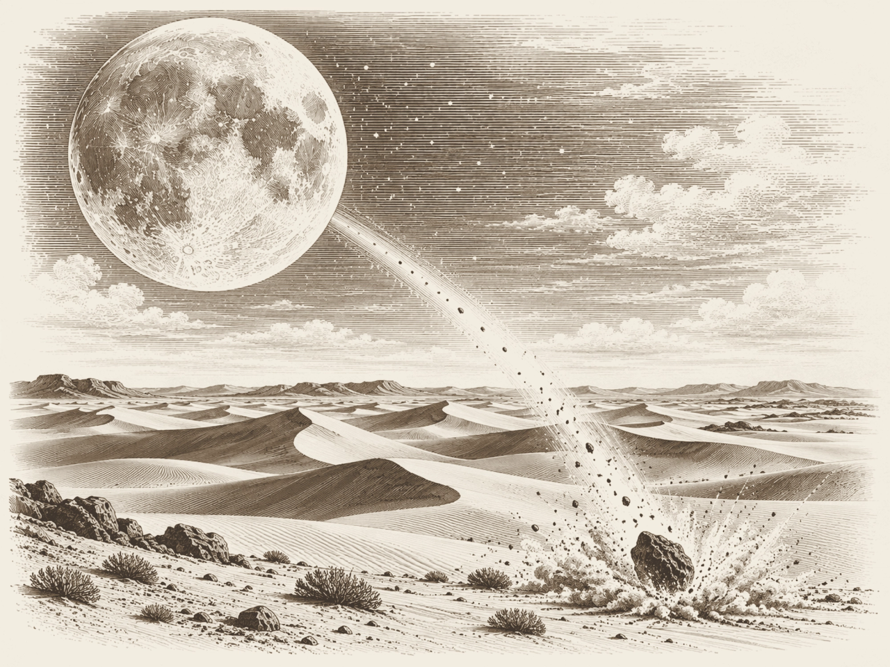 An etch-style illustration of a lunar meteorite hitting the Sahara Desert
