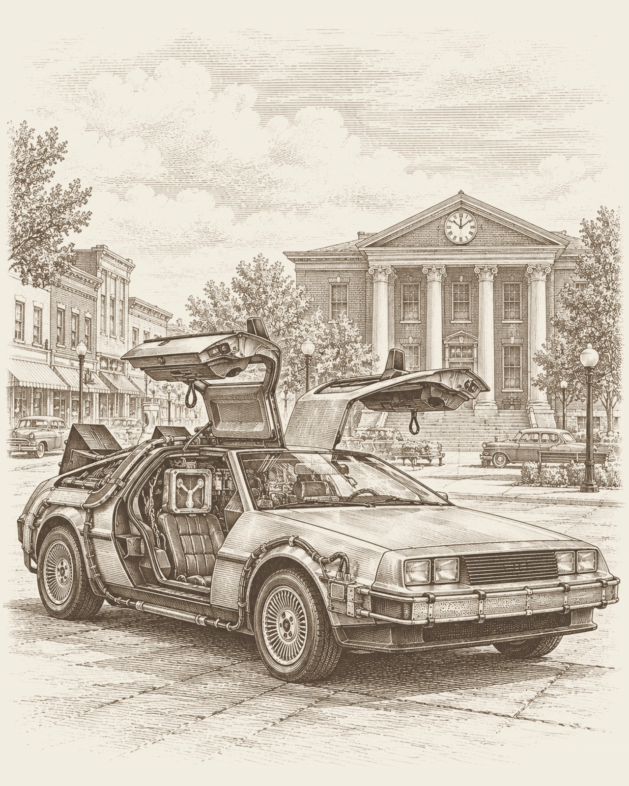 Engraving-style image representing the DeLorean from Back to the Future