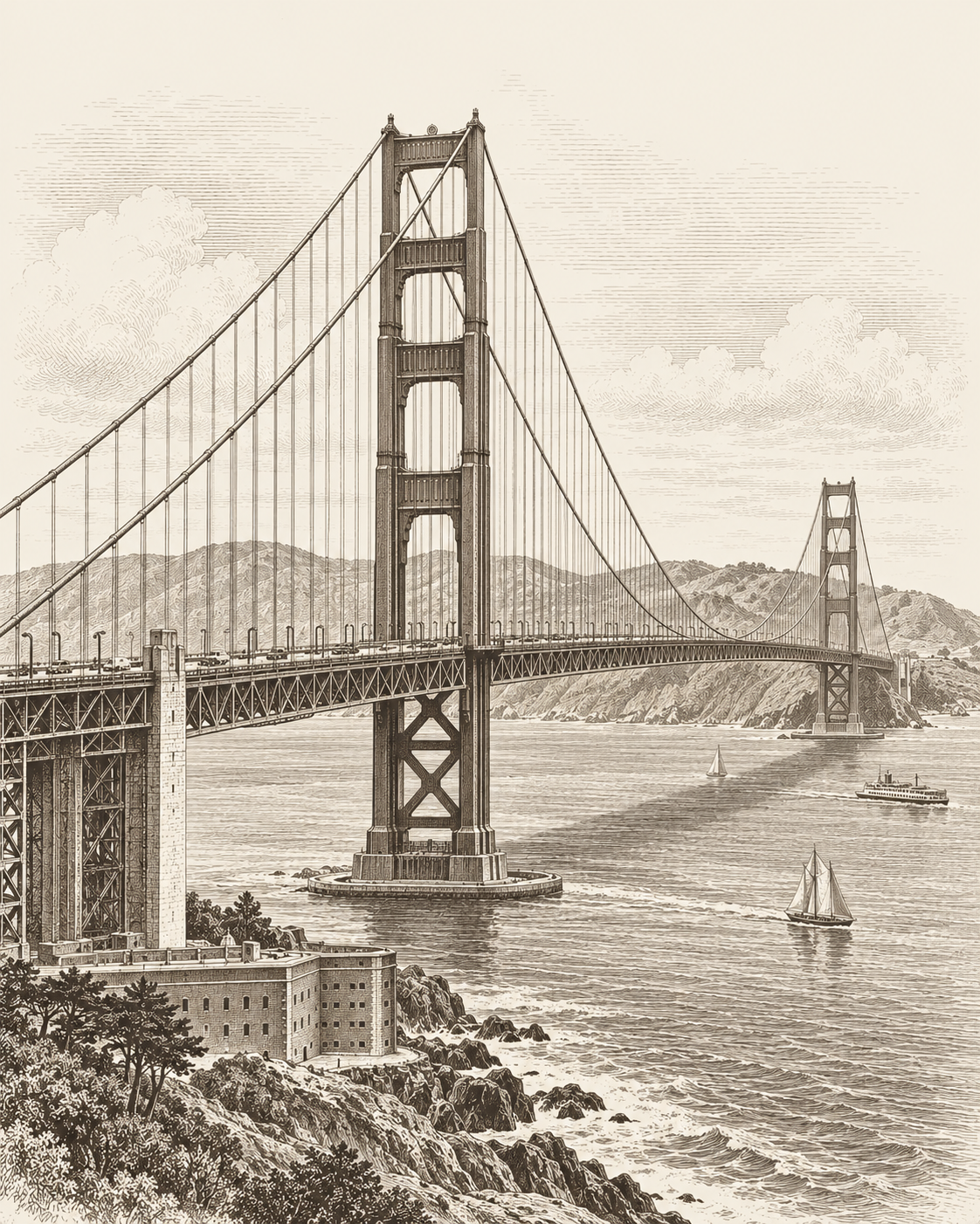 architectural engraving image of the Golden Gate Bridge