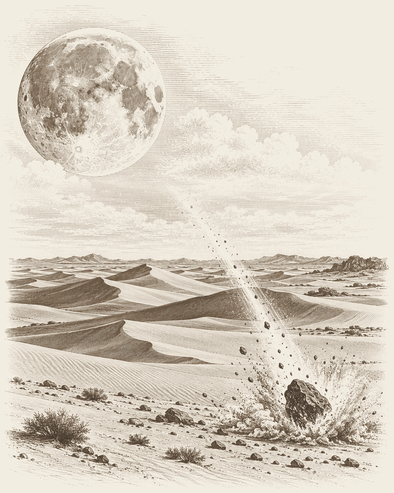 An etch-style illustration of a lunar meteorite hitting the Sahara Desert