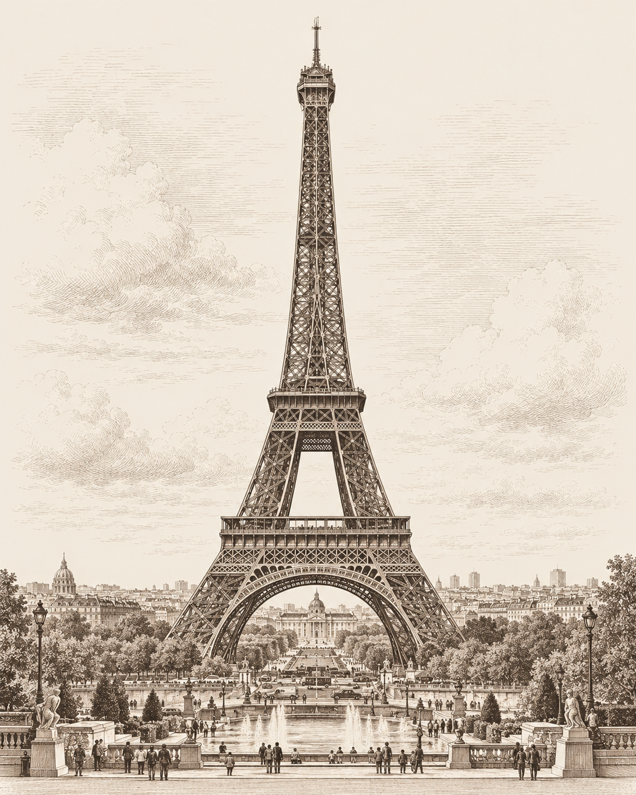 vintage-style image shows an engraving of the Eiffel Tower