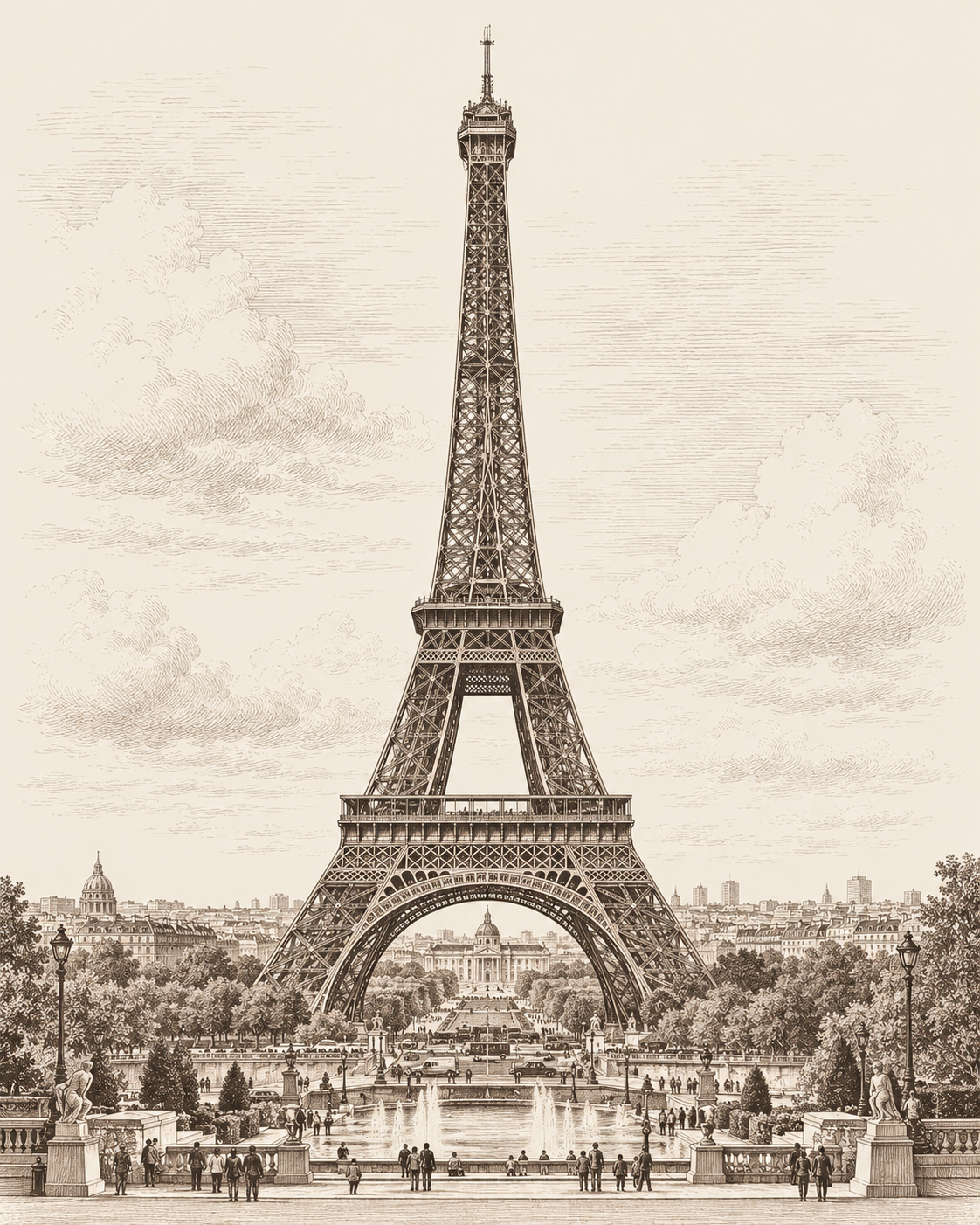 vintage-style image shows an engraving of the Eiffel Tower