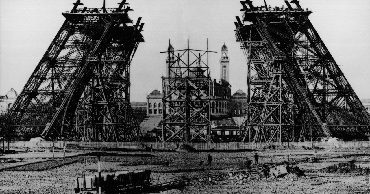 This historical photograph shows the Eiffel Tower under construction in Paris, France, captured on December 26, 1888.
