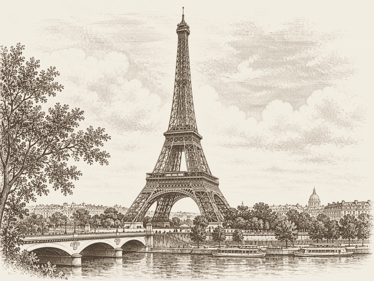 vintage-style image shows an engraving of the Eiffel Tower