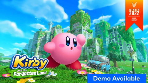 Kirby and the Forgotten Land scene with Kirby exploring an abandoned cityscape with Bandana Waddle Dee.