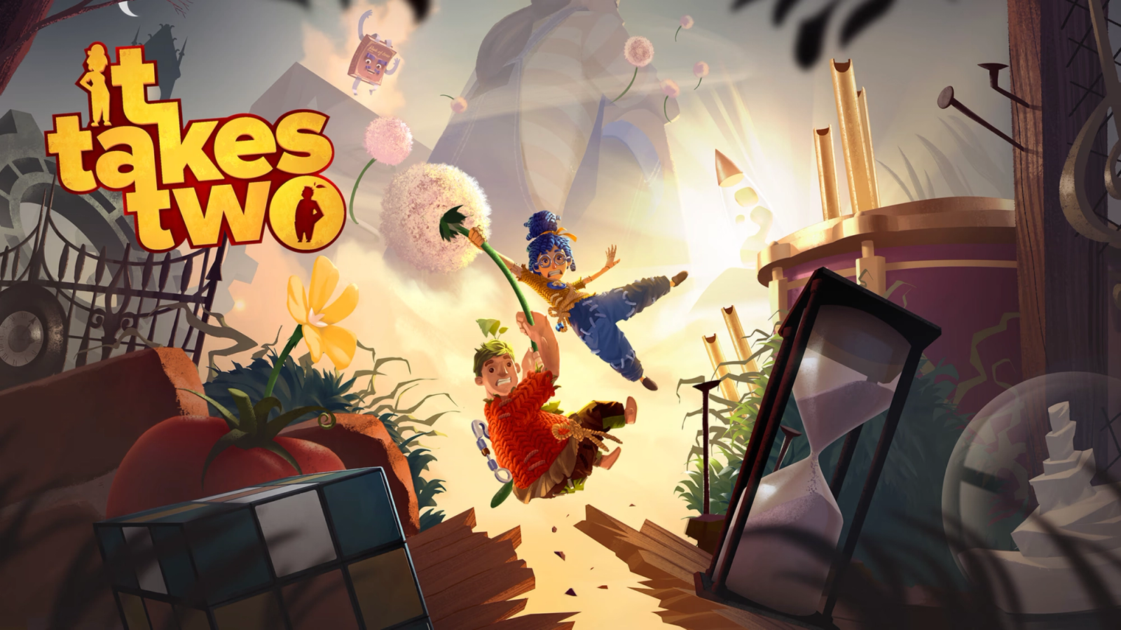 It Takes Two co-op scene with the two parent-doll characters in a fantasy world setting.