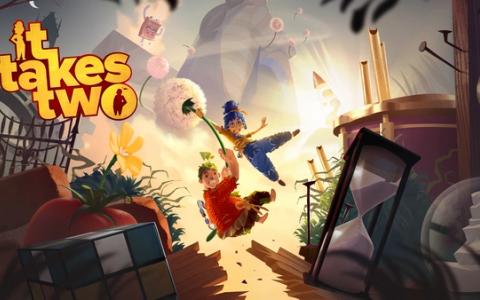 It Takes Two co-op scene with the two parent-doll characters in a fantasy world setting.