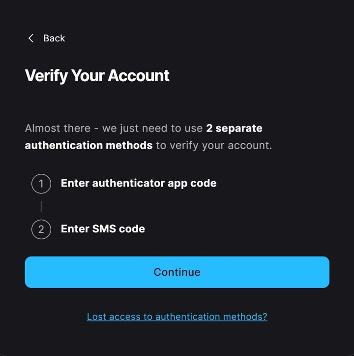 Epic account recovery screen requesting an authenticator app code and an SMS code, with a lost-access link.