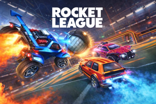 Rocket League video game, two rocket-powered cars chasing a giant soccer ball on a stadium pitch.