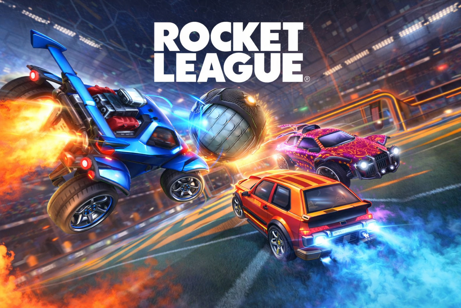 Rocket League video game, two rocket-powered cars chasing a giant soccer ball on a stadium pitch.