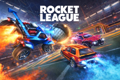 Rocket League video game, two rocket-powered cars chasing a giant soccer ball on a stadium pitch.