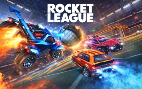 Rocket League video game, two rocket-powered cars chasing a giant soccer ball on a stadium pitch.