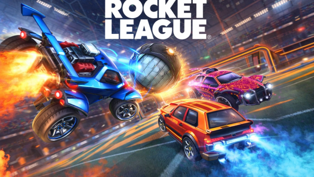 Rocket League video game, two rocket-powered cars chasing a giant soccer ball on a stadium pitch.