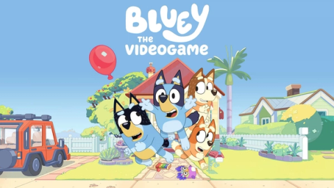 Bluey and Bingo from the Bluey TV show in the Heeler family frontyard, the setting of Bluey: The Videogame.