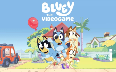 Bluey and Bingo from the Bluey TV show in the Heeler family frontyard, the setting of Bluey: The Videogame.