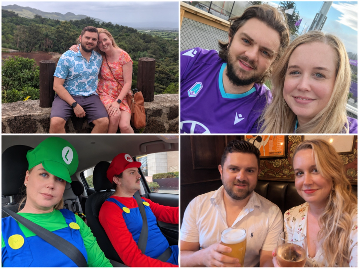 Shannon and Dan together in four photos: at a scenic lookout, in purple football shirts, dressed as Mario and Luigi, and at a pub.