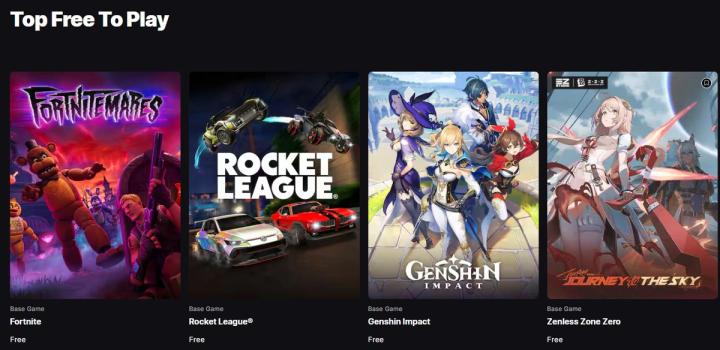 Epic Games Store lists Fortnite, Rocket League, Genshin Impact and Zenless Zone Zero as free base games.