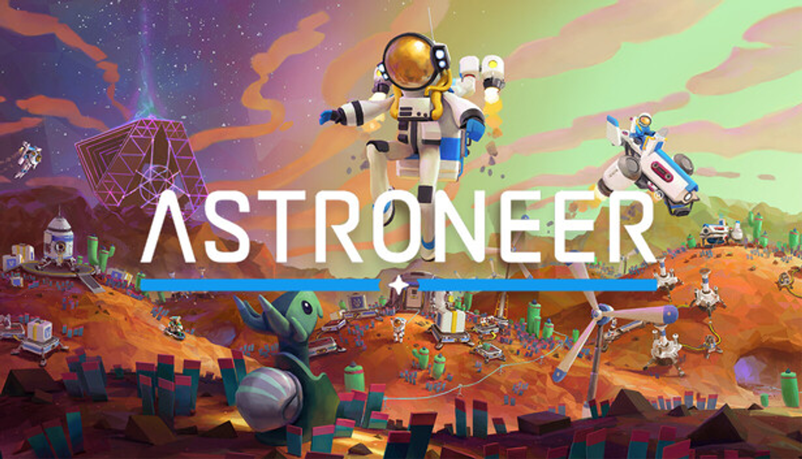 Astroneer scene with a colorful astronaut character exploring a procedurally generated alien planet.