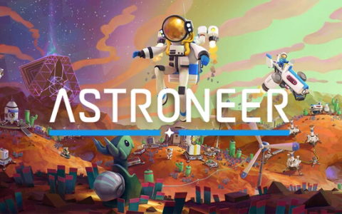 Astroneer scene with a colorful astronaut character exploring a procedurally generated alien planet.