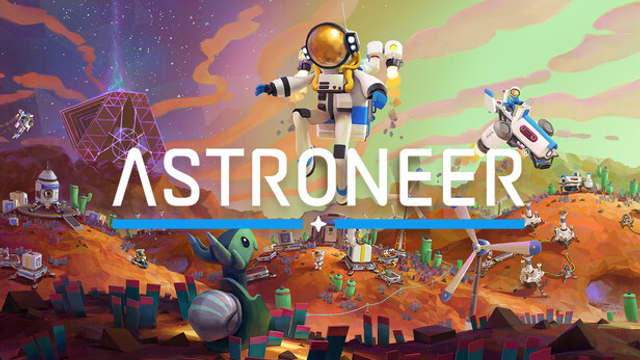 Astroneer scene with a colorful astronaut character exploring a procedurally generated alien planet.