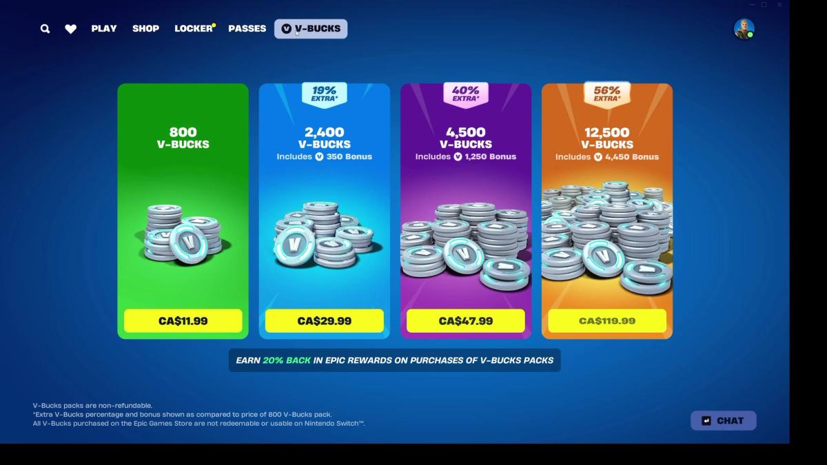 Fortnite V-Bucks purchase screen showing four packs priced in Canadian dollars.