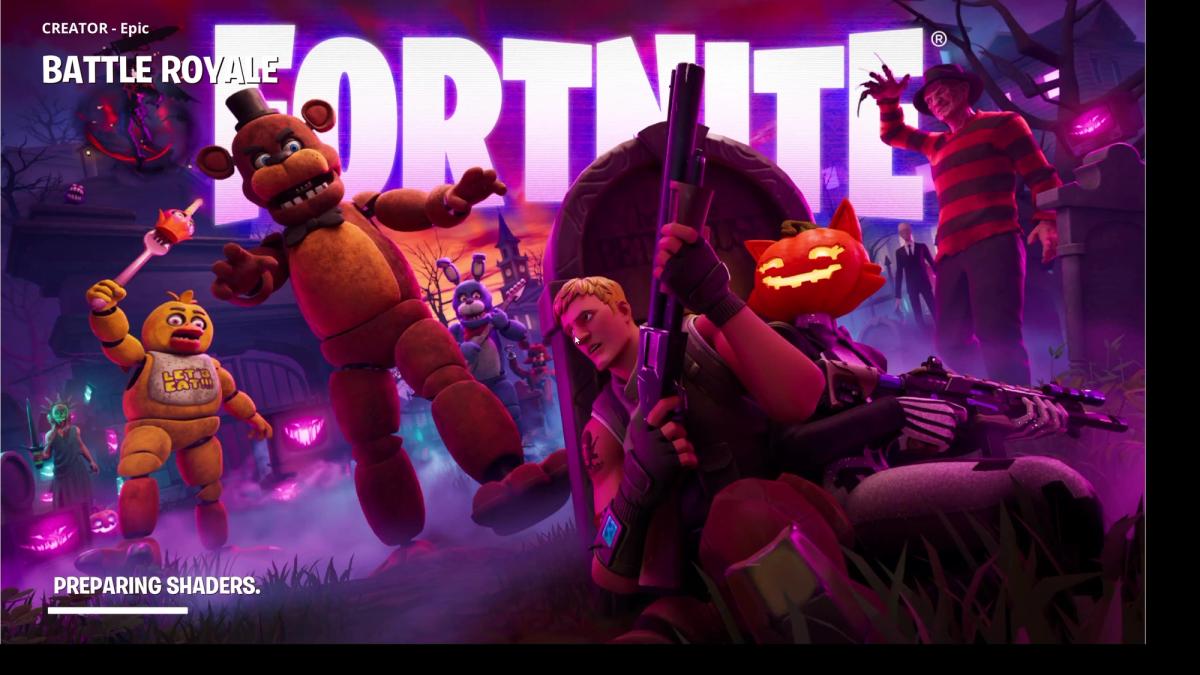Fortnite Battle Royale loading screen with seasonal character artwork and the message Preparing Shaders.