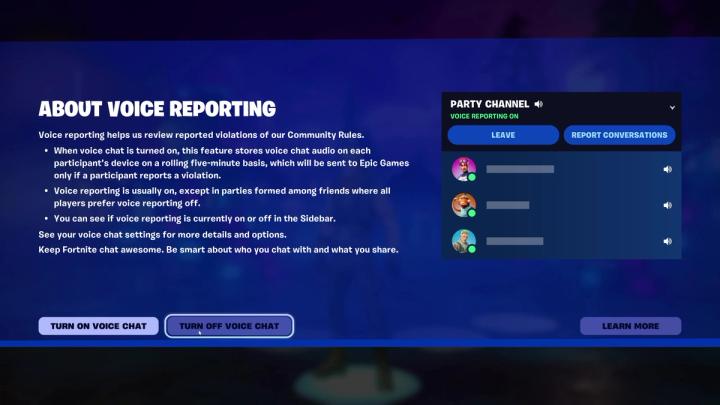 Fortnite voice-reporting notice with Turn On Voice Chat and Turn Off Voice Chat buttons.