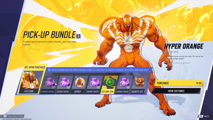 Marvel Rivals Hyper Orange costume bundle with a Purchase button labelled $2.99.