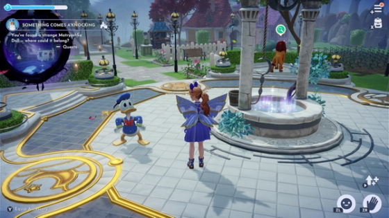 My character in Dreamlight Valley beside Disney characters, with the village and game interface visible.