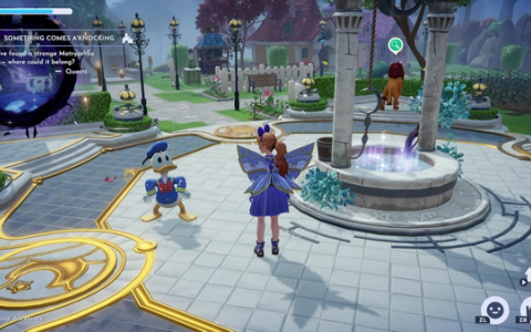 My character in Dreamlight Valley beside Disney characters, with the village and game interface visible.
