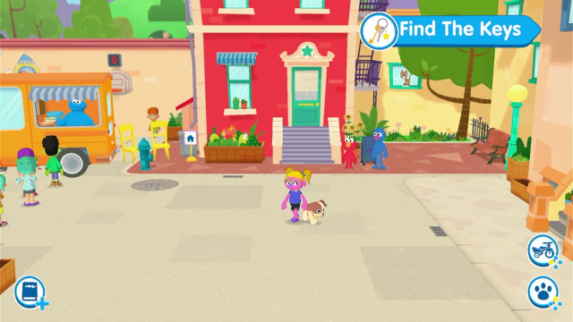 A pink player character stands beside Tango on Sesame Street, with Find the Keys displayed at the top right.