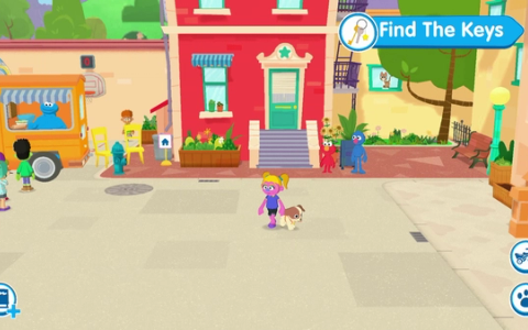 A pink player character stands beside Tango on Sesame Street, with Find the Keys displayed at the top right.