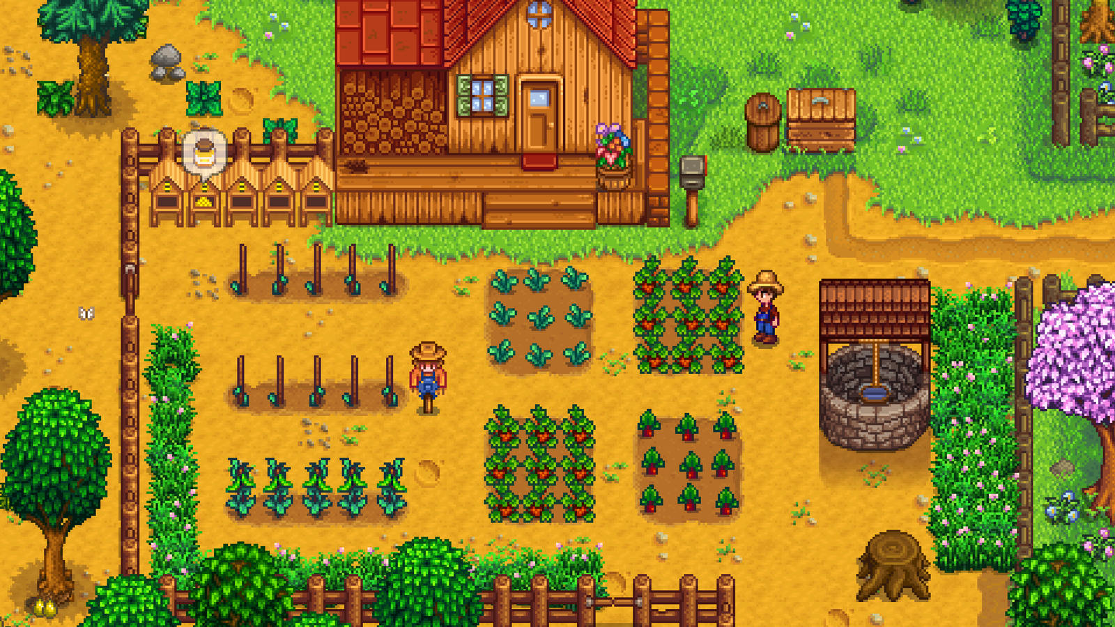 Stardew Valley farm scene with crops, fences, and the player character watering plants in the early morning.