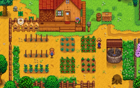 Stardew Valley farm scene with crops, fences, and the player character watering plants in the early morning.