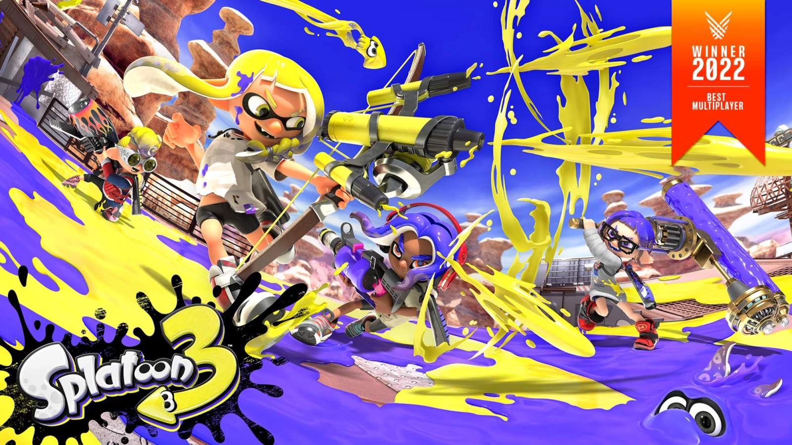 Splatoon 3 Turf War match in progress, four squid-kid players covering the map in opposing-team ink.
