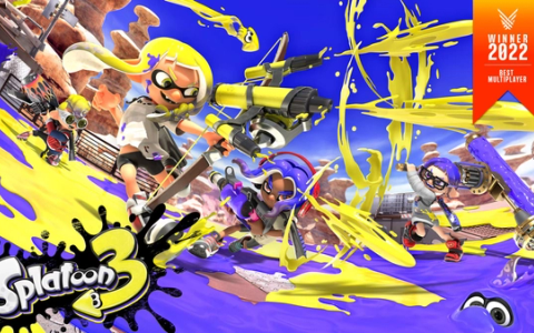 Splatoon 3 Turf War match in progress, four squid-kid players covering the map in opposing-team ink.