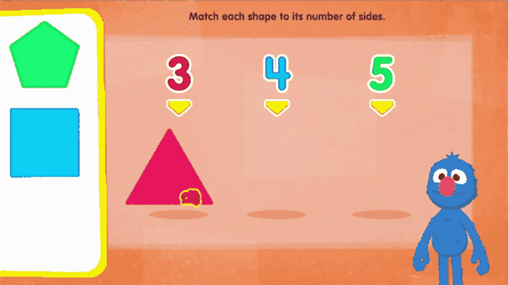 Shapes are dragged into place beneath the numbers three, four and five in one of Grover’s challenges.