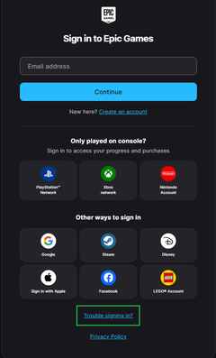 Epic Games sign-in screen with PlayStation, Xbox and Nintendo buttons and a Trouble signing in link.