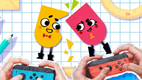 Snipperclips characters as paper cutouts working together to solve a shape puzzle.