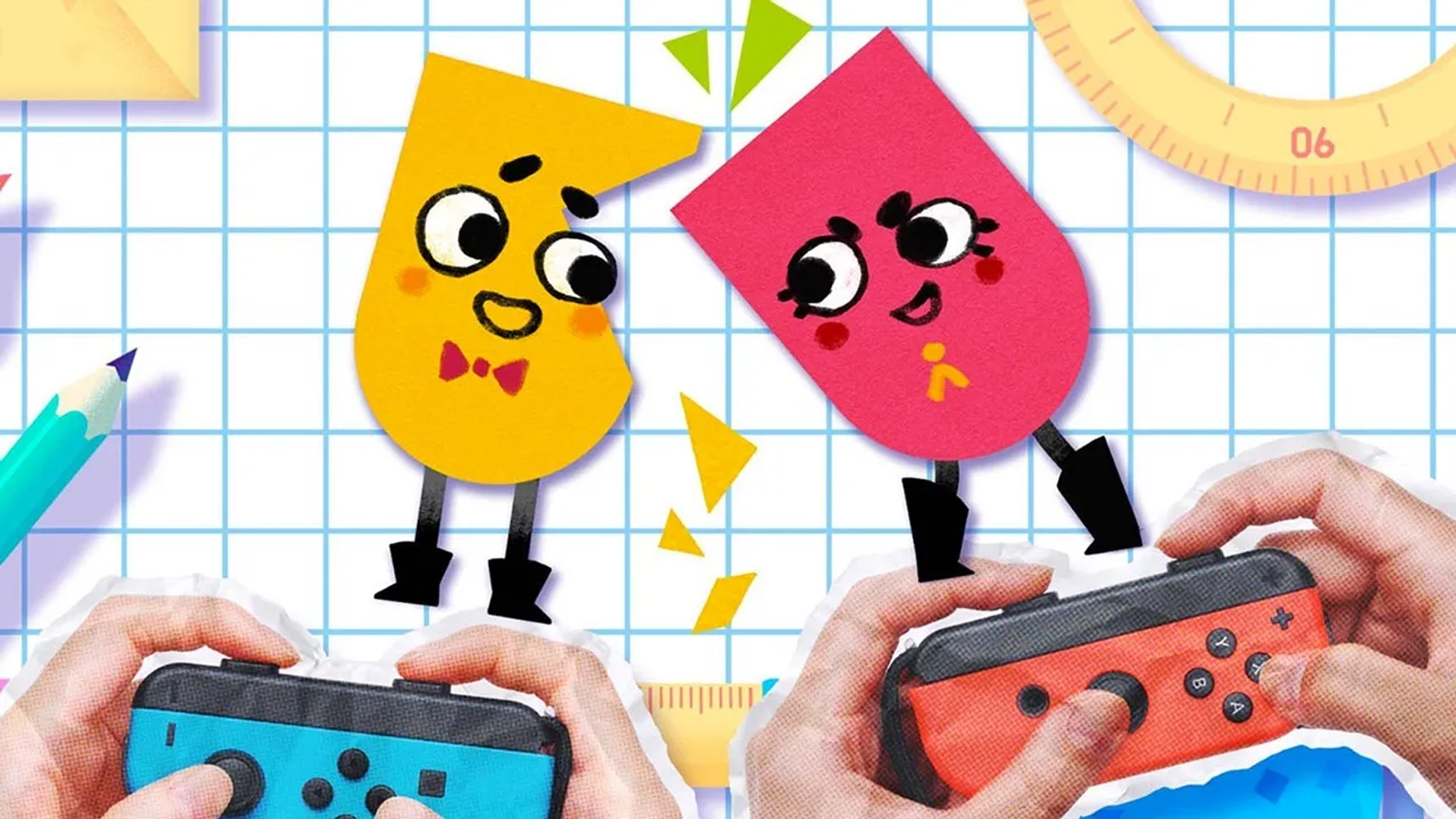 Snipperclips characters as paper cutouts working together to solve a shape puzzle.