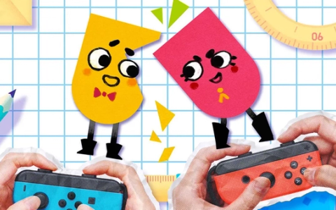 Snipperclips characters as paper cutouts working together to solve a shape puzzle.