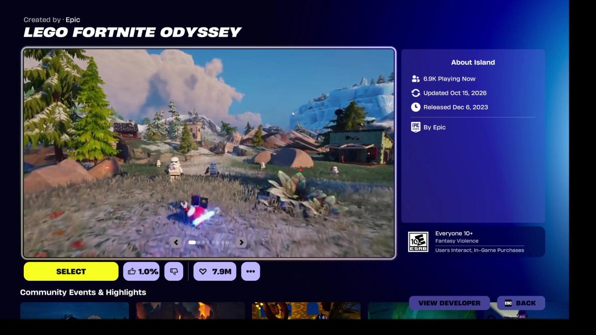 LEGO Fortnite Odyssey information page with a Select button, Epic creator label and an Everyone 10+ rating.