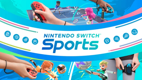 Nintendo Switch Sports characters in a tennis match, Sportsmate avatars on a colorful court.